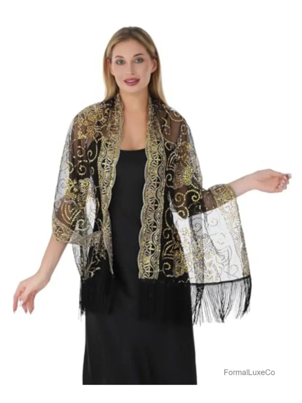 Evening Dress Shawl Wrap Sheer Chiffon with Sequin Fringe Formal Party
